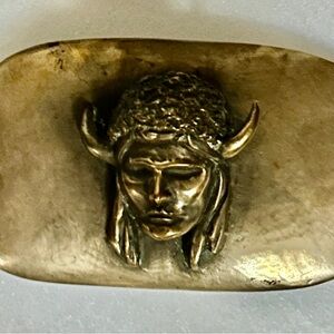 Vintage • Gold Bronze •Native American Indian • Brand:Q Signed Inez •Belt Buckle
